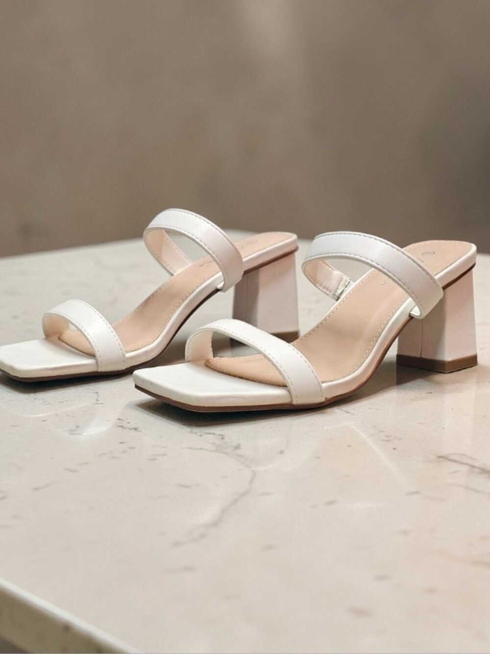 White Faux Leather Block Heel Sandals With Double Straps & Square Toe For Women - Picture 15 of 15
